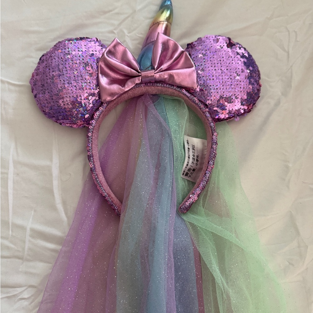 Disney Parks Unicorn Minnie Mouse Ears Headband Purple Sequins Rainbow Veil